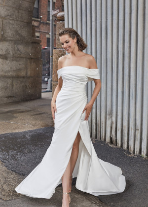 Off Shoulder Ivory Satin Slit Classic Wedding Dress